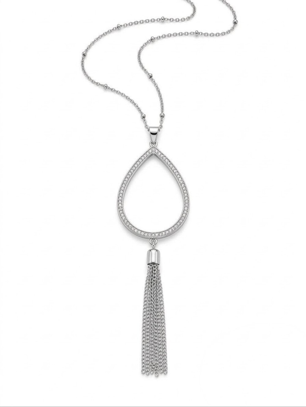 Swarovski Crystal Pavé Teardrop Tassel Pendant Necklace 36” Silver Overlay